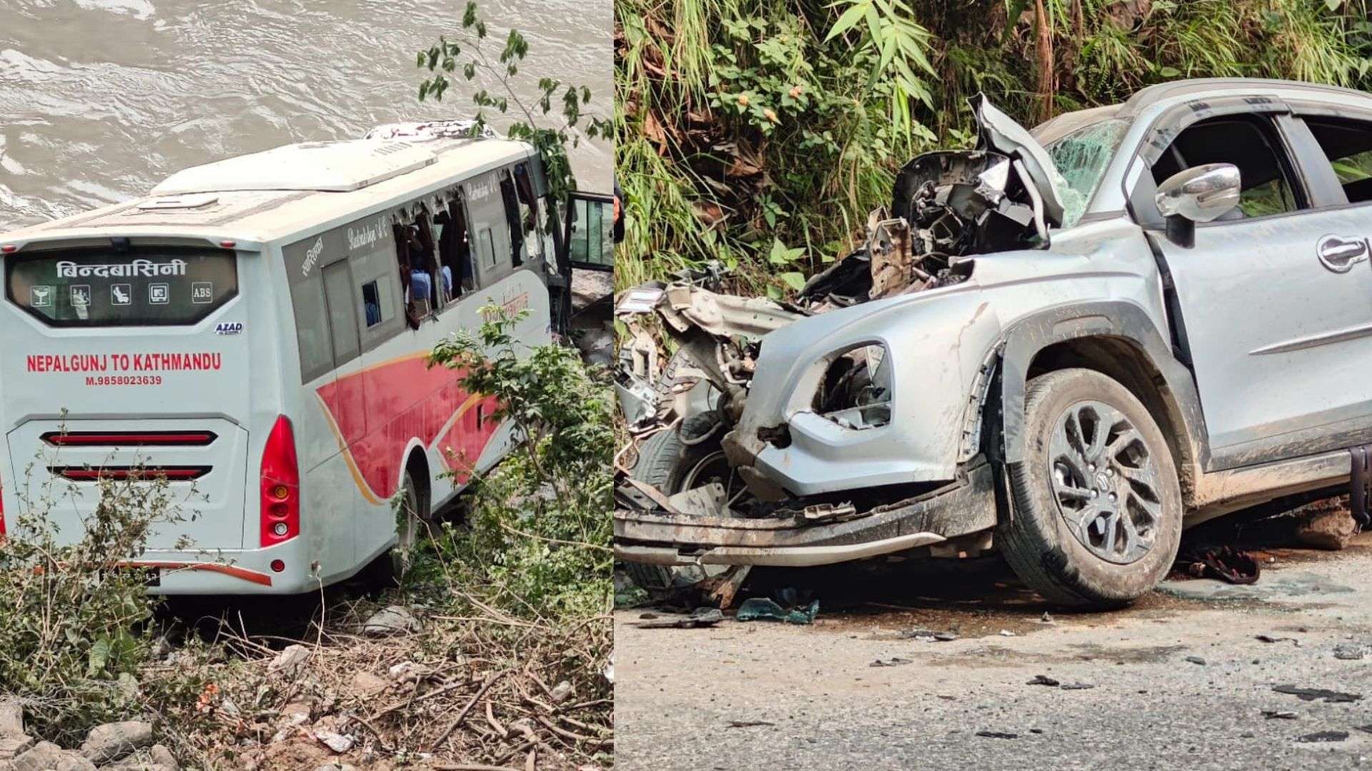 चितवनमा कारसँग ठोक्किएर बस त्रिशुलीमा खस्यो, १२ जना घाइते