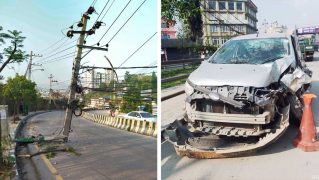 ललितपुरमा तीव्र गतिमा आएको कार बिजुलीको पोलमा ठोक्किँदा सडक अवरुद्ध, तीन जना घाइते