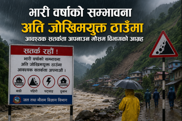 भारी वर्षाको सम्भावना, अति जोखिमयूक्त ठाउँमा सतर्कता अपनाउन मौसम विभागको चेतावनी 